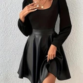 MDB Kadın Uzun Kollu Kare Yaka üst Viskon Alt Deri Mini Elbise thumbnail 1