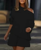 Kadın Kayık Yaka Salaş Iki Iplik Bluz Ve şort Ikili Takım thumbnail 3