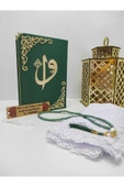 İsimli Kadife Kuranı Kerim Orta Boy(16X24)(zümrüt Yeşili )tesbih, Ayraç, Namaz Örtü Seti thumbnail 1