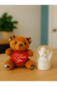 Sevgiliye Eşe Özel Günlere Hediye Sevimli Mini Peluş Ayıcık ve Mini Melek Kar Küresi Set Kahverengi thumbnail 2
