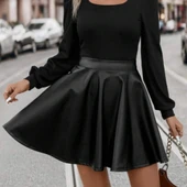 MDB Kadın Uzun Kollu Kare Yaka üst Viskon Alt Deri Mini Elbise thumbnail 4