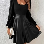 MDB Kadın Uzun Kollu Kare Yaka üst Viskon Alt Deri Mini Elbise thumbnail 2