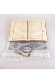 Kuran +  Seccade +  Tesbih Hediye Seti (Hafız Boy, ElifVav, Kadife, Desenli Kutu, Gri) thumbnail 3
