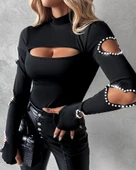 MDB Kadın Uzun Kollu Yarı Balıkçı Yaka Pencere Detaylı Kolları Kalp Desen Taşlı Viskon Bluz thumbnail 6