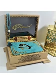 Isimli Kadife Kuranı Kerim Gold Sandık (TURKUAZ) Hafız Boy (14*20 CM) Ayraç,tesbih Seti thumbnail 3