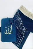 Sax Mavi Kadife Kaplı Kuran-ı Kerim,az Desenli Şönil Seccade,inci Tesbih Set thumbnail 1