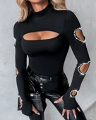 MDB Kadın Uzun Kollu Yarı Balıkçı Yaka Pencere Detaylı Kolları Kalp Desen Taşlı Viskon Bluz thumbnail 5