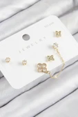 Pirinç Zirkon Taşlı Yonca Model Gold Renk 925 Ayar Gümüş Çivi Kadın Küpe Set - TJ-BKP11158 - 1