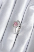 Pirinç Gümüş Renk Pembe Zirkon Taş Kalp Charm Model Kadın Yüzük - TJ-BYK2859 - 1
