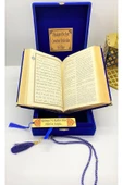 Isimli Kadife Kuranı Kerim Karşılıklı Mealli Orta Boy Kutulu Lacivert,tesbih,ayraç Seti thumbnail 4