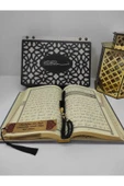 Isimli Kadife Kuranı Kerim Özel Ahşap Kutulu Ortaboy (16X24)(GRİ)ayraç,tesbih Seti thumbnail 3