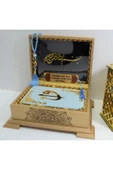 Isimli Kadife Kuranı Kerim Gold Sandık Gökyüzü Mavi Hafız Boy (14*20CM)ayraç,tesbih Seti thumbnail 1