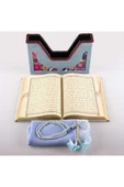 Şal Tesbih Kuran Hediye Seti (ORTA BOY, KADİFE V KUTULU, GÖK MAVİ) thumbnail 4