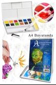 12 Renk Tablet Sulu Boya ve A4 Telli Suluboya Bloğu Kağıdı A4 210gr 20 Yaprak İnce Dokulu Taş Suluboya Plastik Kutulu - 1