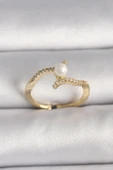Pirinç Gold Renk Zirkon Taşlı İncili Ayarlanabilir Yüzük - TJ-BYK3547 - 1
