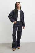 Beli Lastikli Fermuarlı Denim Görünümlü Bomber Ceket Lacivert thumbnail 2