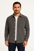 Erkek Fitilli Kadife Cepli Gömlek Oversize Rahat Kalıp - Füme thumbnail 2