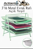 Evrak Rafı Metal 3 lü Yeşil 1 Paket Masaüstü A4 Dosya Düzenleyici Kağıt Tepsisi Metal Çelik Fileli Üç Katlı Hareketli - 1