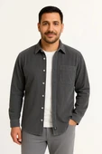 Erkek Fitilli Kadife Cepli Gömlek Oversize Rahat Kalıp - Füme thumbnail 3