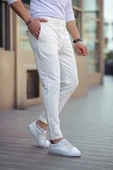 Erkek Diagonel Mikro dokulu Cepli Beli Lastilki Pantolon - Beyaz thumbnail 1