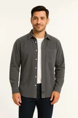 Erkek Fitilli Kadife Cepli Gömlek Oversize Rahat Kalıp - Füme thumbnail 1
