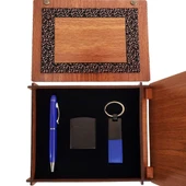 Ahşap Kutulu Mavi Kalem Anahtarlık ve Çakmak Set - 1
