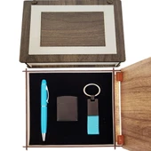 Özel Ahşap Kutulu Mavi Kalem Anahtarlık ve Çakmak Set - 1