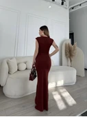 Kolsuz Uzun Likralı Elbise - Bordo thumbnail 3