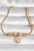 316L Çelik Gold Renk Tüp Zincir Zirkon Taş Detaylı Sallantı Ay Yıldız Figür Kadın Bileklik - TJ-BB6759 - 1