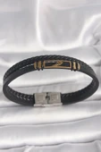 316L Çelik Gold Renk Kanat Aksesuarlı Siyah Burgu Model Deri Kordon Erkek Bileklik - TJ-EB3703 - 1