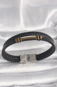316L Çelik Gold Renk ZikZak İşlemeli Aksesuarlı Çift Sıra Burgu Desenli Deri Kordon Erkek Bileklik - TJ-EB3705 - 1