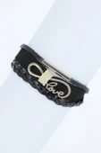 Metal Aksesuarlı Siyah Renk Deri Bileklik - TJ-EB1716 - 1
