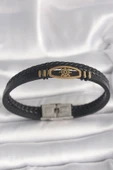 316L Çelik Gold Renk Gemi Dümen Figür Siyah Renk Çift Sıra Burgu Desenli Deri Kordon Erkek Bileklik - TJ-EB3706 - 1