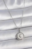 316L Çelik Gümüş Renk Zincir Beyaz Mineli Hilal İşlemeli Madalyon Model Kadın Kolye - TJ-BKO10034 - 1