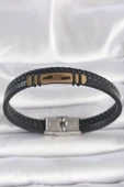 316L Çelik Gold Renk Aksesuarlı Çift Sıra Siyah Burgu Desenli Deri Kordon Erkek Bileklik - TJ-EB3708 - 1