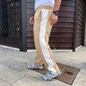 Erkek Üç İplik Kışlık Pamuklu Yandan Garneli Kalın Şeritli Cepli Eşofman Altı - Bej - 3