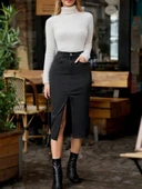 Kadın Yüksek Bel önden Yırtmaçlı Cepli Midi Kot Etek thumbnail 1