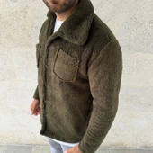 Erkek Pelüş Polar Hırka Gömlek – Yakalı, İlik Düğmeli, Göğüs Cepli, Yumuşak Dokulu Kışlık Regular Fit Rahat Günlük Model - Haki - 2