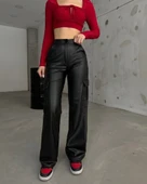 Kadın Yüksek Bel önden Fermuarlı Yandan Cep Detaylı Deri Kargo Pantolon thumbnail 1