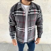 Erkek Ekose Desenli Düğmeli Polar Yakalı Uzun Kollu Gömlek Oversize Rahat Kalıp - Füme - 2