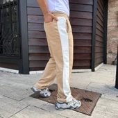 Erkek Üç İplik Kışlık Pamuklu Yandan Garneli Kalın Şeritli Cepli Eşofman Altı - Bej - 2