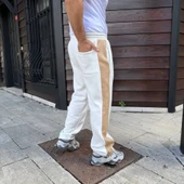 Erkek Üç İplik Kışlık Pamuklu Yandan Garneli Kalın Bej Şeritli Cepli Eşofman Altı - Beyaz - 2