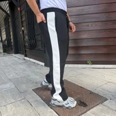 Erkek Üç İplik Kışlık Pamuklu Yandan Garneli Kalın Şeritli Cepli Eşofman Altı - Siyah - 2