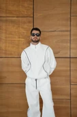 Erkek Premium Parçalı Eşofman Takım - Dik Yaka Fermuarlı Biyeli Sweatshirt Lastik Paça Alt, Oversize 3 Iplik Şardonlu - Beyaz thumbnail 1