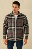 Erkek Ekose Desenli Düğmeli Polar Yakalı Uzun Kollu Gömlek Oversize Rahat Kalıp - Füme - 1