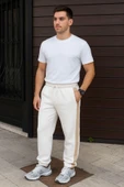 Erkek Üç İplik Kışlık Pamuklu Yandan Garneli Kalın Bej Şeritli Cepli Eşofman Altı - Beyaz - 1