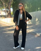 Kadın Uzun Kollu Kapşonlu Onu şerit Detaylı Fermuarlı Viskon Iki Iplik Bluz Ve Pantolon Ikili Takım thumbnail 2