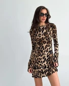 Kadın Uzun Kollu Sırtı Açık Bağlamalı Leopar Desenli Kısa Dalgıç Elbise thumbnail 8