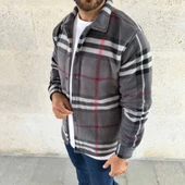 Erkek Ekose Desenli Düğmeli Polar Yakalı Uzun Kollu Gömlek Oversize Rahat Kalıp - Füme - 3