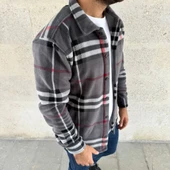 Erkek Ekose Desenli Düğmeli Polar Yakalı Uzun Kollu Gömlek Oversize Rahat Kalıp - Füme - 4